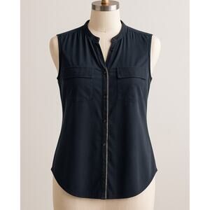 St. John Rhinestone Trim Sleeveless Silk Button Down Shell Tank Top Black Small